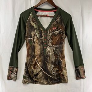 Under Armour Henley Top Women Small Green Camo Realtree Long Sleeve Button